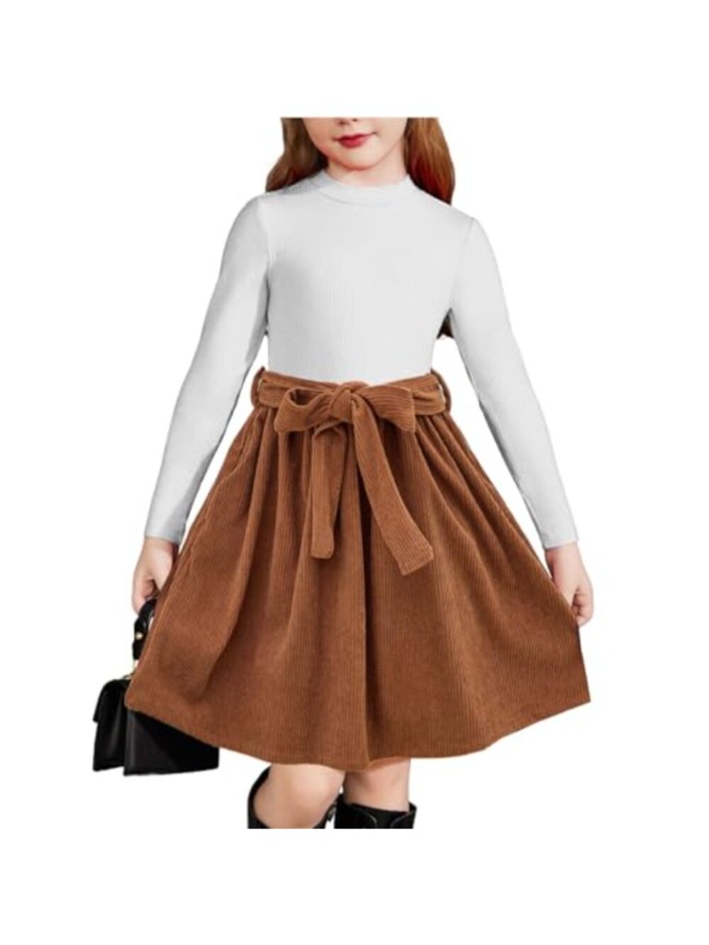 Girls Long Sleeve Rib Knit Plaid Patchwork Belted Dress with Pockets